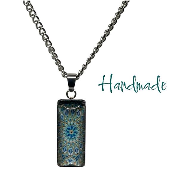 Hand Crafted Teal Yellow Silver Rectangle Pendant Necklace & Earring Set NWT OS - Picture 1 of 7